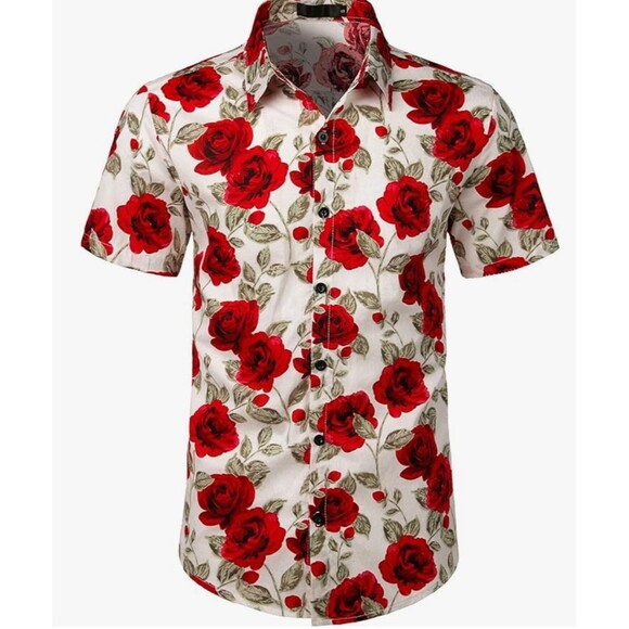JOGAL Men's Red Rose Short Sleeve Casual Button Down 100% Cotton‎ Shirt Sz XXL - Picture 2 of 11